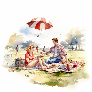 A classic American picnic in a park, with checkered blankets, wicker baskets, and people playing Frisbee and flying kites, american style, watercolor, clipart