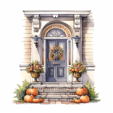 watercolor and colored pencil illustration of a quaint front door at halloween, highly detailed, realism, isolated on white background, high resolution clipart