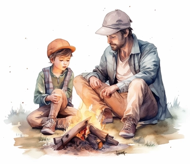DESIGN A MAGNIFICENT AND EXQUISITE BREATHTAKING ONE-OF-A-KIND HIGH QUALITY HIGHLY DETAILED MASTERPIECE WATERCOLOR CLIPART ILLUSTRATION OF A boy and dad sitting around a campfire, in the style of lifelike renderings, watercolorist, realistic watercolors, ULTRA REALISTIC, WHITE BACKGROUND, NO FONT, NO TEXT, NO WORDS, NO WATERMARK