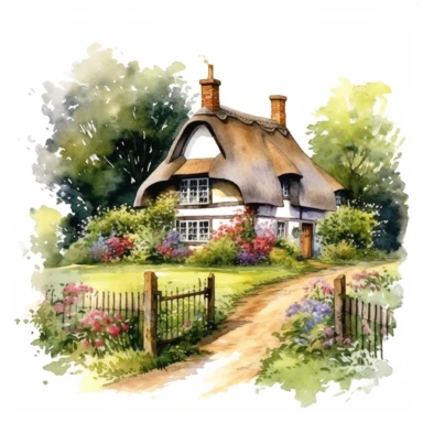 a quaint old english cottage with thatched roof at the edge of a forest surrounded by wildflowers, white background, clipart, watercolor style--q2--v5.1