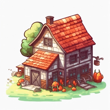 single clipart image png graphic of a Hyper Realistic Watercolor Vibrant Cute Pixel Art Farm Barn Illustration