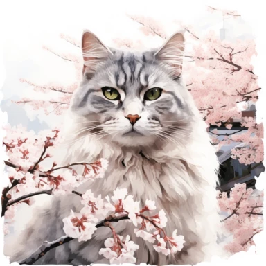 Ragdoll Cat wearing a dream-color Japanese kimono wanders under the grand Osaka Castle, surrounded by cherry blossoms in the park below. Clipart Watercolor By Yuzo Komori. clean line, on white background only, spaced out, with space around.