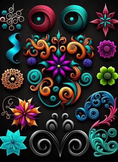 loops, hooks, hearts, stars, doodles, swirls, waves, whimical, flower clipart, blossoms, decorative buttons, kawii, hyper realistic , intericate details, high definition,