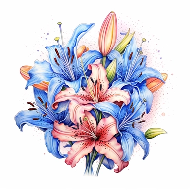 a bouquet of bright stargazer lilies with blue tiny flowers , color pencil sketch on a white background for clipart
