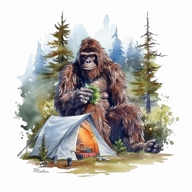 watercolor illustration of Bigfoot camping outdoors, colorful, for t-shirt, clip art, graphic