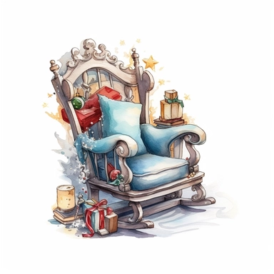 Watercolor, cute christmas rocking chair, magical, fantasy, clipart, white background detailed, 8k, high resolution, style of Sandi Mower, clean white background