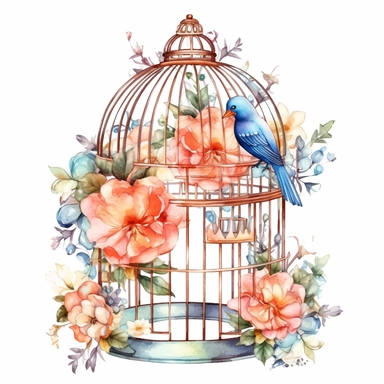 A boho-style birdcage clipart, white background, watercolor drawing
