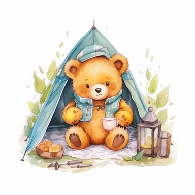 cute happy baby teddy bear wearing clothes camping activities clipart watercolor style in nature bright colors white background