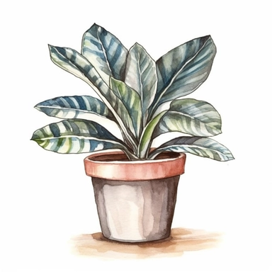 single houseplant in pot, watercolor clipart, beautiful houseplant , landscape art, scrapbook, black contour around the leaves,