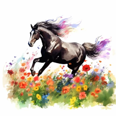 a watercolor dark black horse with a white start on its head running through a meadow of bright colored flowers clipart