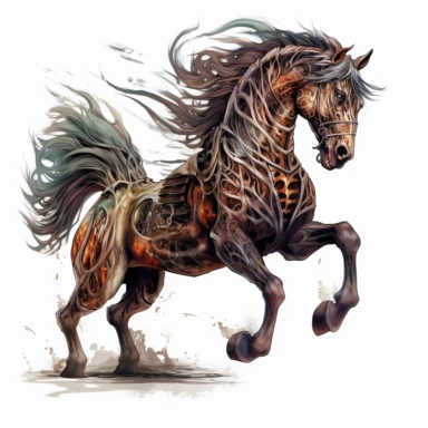 fantasy RPG D&D nightmare horse in the style of digital airbrushing , realistic yet stylized, digitally enhanced, elaborate costumes, 32k uhd, detailed crosshatching, white background, clipart