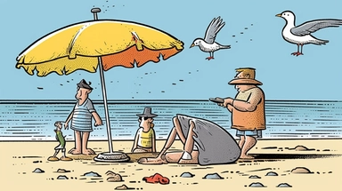 Clipart style, humorous beach scenario, sunburned tourist trying to open a stubborn beach umbrella, seagull stealing an ice cream cone, children burying their friend in the sand, simplified forms for humor, line art for comedic expressions, stipples for texture in the sand and water