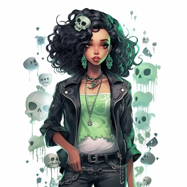 Disney princess Tiana, curly black rocker hairstyle, mint green leather jacket over a ripped green dress, frog necklace, skulls, gothic style, rock style, clipart, white background, by Kawacy