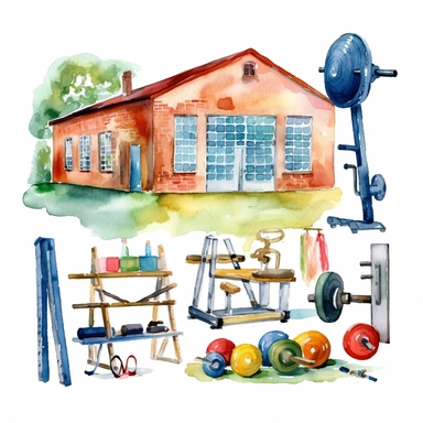 A school gym clipart in the style of watercolor illustrations, white background