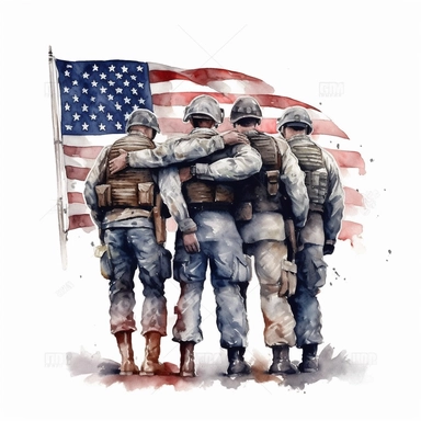 Watercolor painting clipart of Illustrating multiple soldier standing in solidarity, with their arms around each other, in front of a large American flag. This theme represents the unity and support within the military community. White background