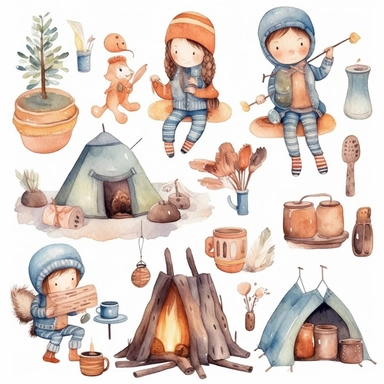 Watercolor boho camping illustrations clipart set, simple, soft colors, cartoon elements, different variants, cute little boy and girl sitting on trunk and toasting marshmellows , pots,mugs, bonfire with thick logs, teapot , separate elements with a margi