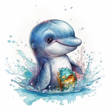 happy cute baby dolphin for kids playing with funny items, cartoon, highly detailed, watercolor, clipart, illustration, digital painting, paper crafting, no signature, no text