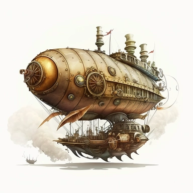 Envision a massive, steampunk style streamlined airship with a steam-powered engine and intricate gear-driven controls. It travels silently through the air with the help of its large propellers. Watercolor style in high resolution with white background. 4k clipart