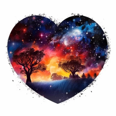 heart shape with a dazzling night sky inside of it, in the style of enchanting realms, nature-inspired installations, bloomcore, mesmerizing colorscapes, skillful, fluid and organic, clipart, blank white background