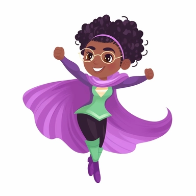 a superhero in action in pink and purple, flowing cape, a happy black baby GIRL, with bun hairstyle, smiling, flat style clipart, white background