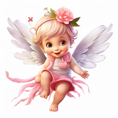 a beautiful happy baby fairy girl, pink flowered dress, blue eyes, highly detailed image, full body image, big wings, pixar style, clipart, white background,