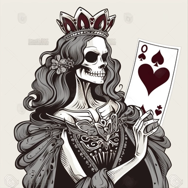 clipart sketch of skelton queen of hearts black and grey