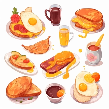 fastfood breakfast, clipart set, scrambled eggs, toast, orange juice, pancakes, sausage, bacon, isolated on white background