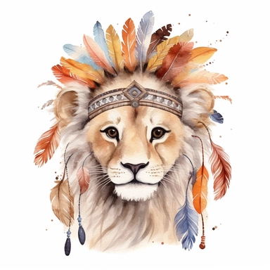 Playful watercolor cute Lion with indian feather crown clipart, isolated on white background, hd