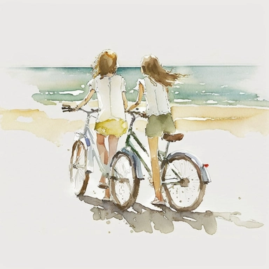 watercolor friends biking along the beach clip art white backround