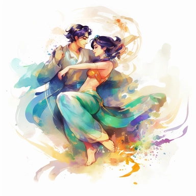 watercolor Princess Jasmine and Aladdin dancing at the palace, clipart, white background, by Kawacy