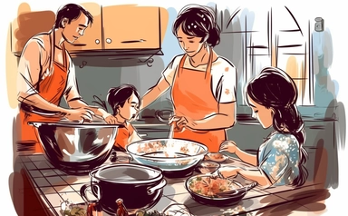 a family cooks in the kitchen clipart, in the style of gesture painting, colorized, fine attention to anatomy, the pictures generation, group material, hand-coloring, tachisme