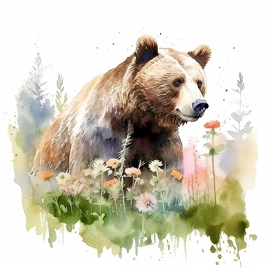 detailed watercolor clipart, photography style, beautiful bear, in a meadow, HDR, spring floral,self shadow, white background
