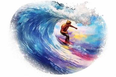 Watercolor, Design an action shot of a surfer riding a barrel wave clipart, hd, on a white background, spaced out