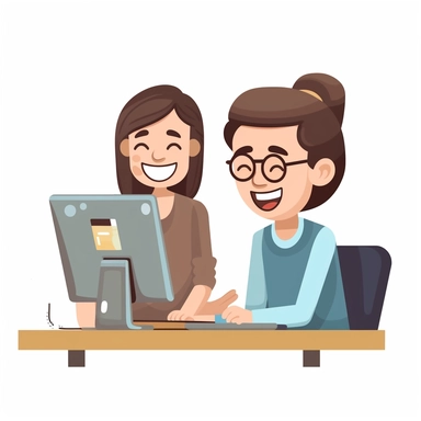 Clip art emoji of a happy young professional with brown hair working at a tech company with computers. sparse colors, simple illustrations