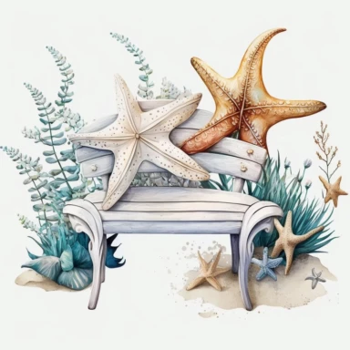Boho nautical style, wedding bench, sea star, seashell, fantasy, white background, watercolor, hyperrealism, high detail, separate elements, set, clipart