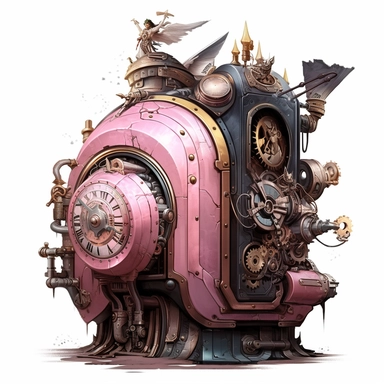 there is a pink steam powered train with a clock on it, akehiko inoue and ross tran, twitter pfp, mechanical cute bird, fantasy ttrpg, heavy PNG steampunk, flying through time, luxury equipment, telegram sticker, imagining a blissful fate, machine elf, 1128x191 resolution, 2045 PNG steampunk fantasy watecolor style white background Clipart