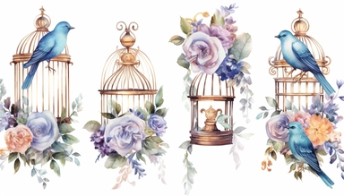 watercolor clipart set illustrations of beautiful intricate Victorian birdcage with flowers on white background