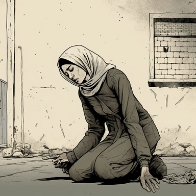 a full body portrait from side view of a young hijabi woman having a killed person reaction put her hand on her chest and feels pain because she got shot with a bullet in her chest , she stands in an old poor street +whole body+ dark color tones+ vintage drawing style ,clipart drawing,clipart image,high definition drawing,clean colors,balanced colors,detailed drawing,image ratio 16:9 , aspects : high 1920 + width 1080