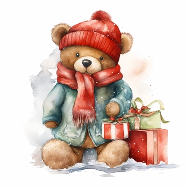 Watercolor, cute Christmas Teddy Bear, with a red hat, coat and sack of gifts, PNG, winter, nursery, cartoon, highly detailed, watercolor, very high details, white background, clipart style