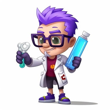 same image into dope boy mascot, white spiky hair, wearing lab coat, wearing purple gloves, wearing blue square glasses, grabbing a lab tube, white chin hair, flat, clipart, high quality, 4k 8k