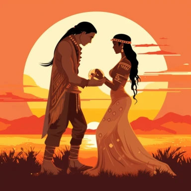 Indigenous bride and Asian groom, exchanging rings under a beautiful sunset, with a sense of peace and tranquility, earthy tones, Pixar style, Clipart on a white background.