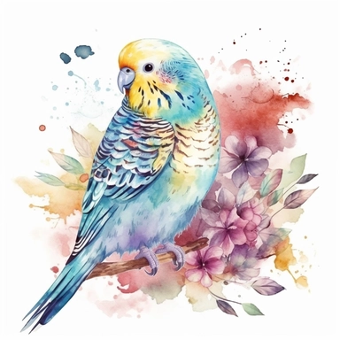 budgie bird,watercolour style, colourful, rainbow, watercolour, isolated solid background, pretty, floral, clipart, include branch and flowers--no watermark, text, words, paintbrush, typography