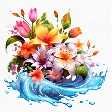 Sticker, blooming flower garden graphic work in spring, magnificent in digital painting style,, water splash, white background, colorful fantasy leaf surround, high clean detail, illustration, photorealistic masterpiece, professional photography, realistic, flat white background, Isometric, Vibrant Vector, Clip Art, Illustration, Realism, 32k, Cinematic, Front View, White Background, Studio Ghibli Style, Watercolor Effect, Adobe Illustrator, Hand Painted, Digital Painting