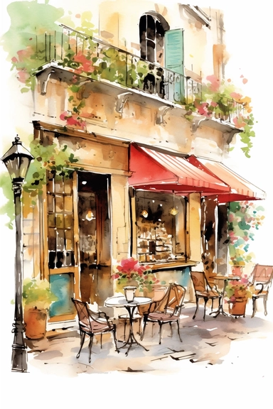 clipart, Watercolor painting, As the gentle breeze carries the faint scent of freshly brewed coffee, you find yourself captivated by the scene before you. Nestled among a quaint street lined with charming buildings, a picturesque cafe comes into view. The outdoor seating area beckons with its rustic charm, adorned with wrought-iron chairs and tables adorned with vibrant potted flowers. The centerpiece of the cafe is an intriguing structure, an architectural marvel that combines classic elegance 