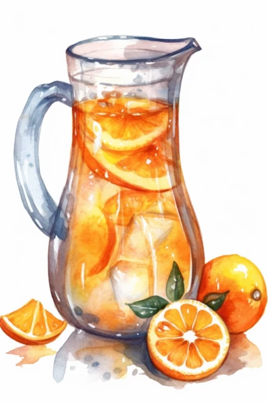 water colour jug of cool oranges juice clipart, HD, isolated on white background, centered, spaced out