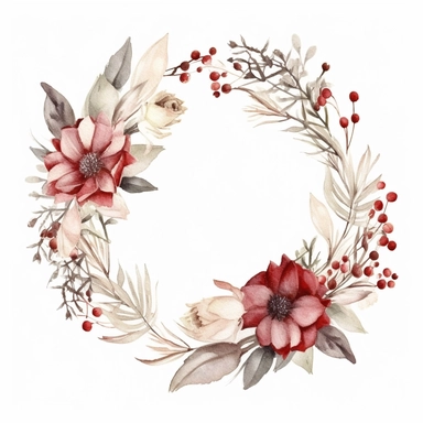 basic watercolor wreath with christmas florals in minimal hand drawn style, Etsy, textured, clipart, white background
