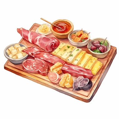 Watercolor charcuterie platter with salama pastrami jambon sausage ham crispy breadsticks sauce cheese nicely placed along with cheese on a very large wooden flat plate or cutting board, illustrations clipart set, simple, soft colors, cartoon elements, different variants, cheese from around the world, wooden elements, separate elements with a margin