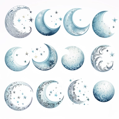 beautiful moon symbols in white, pale blue and silver, white background, vector-style, clipart collection