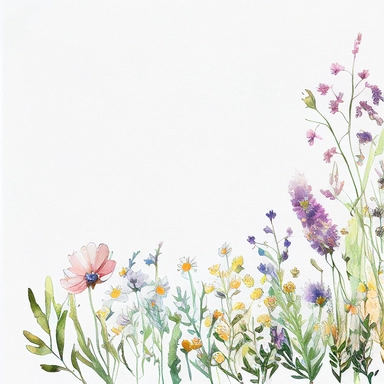 pastel color high resolution many field blossoms and flowers, floral bottom low border, watercolor clipart, white background