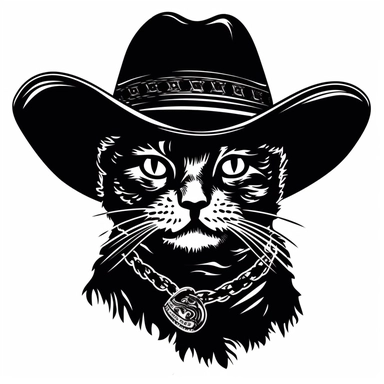 black and white cat face wearing a cowboy hat clipart